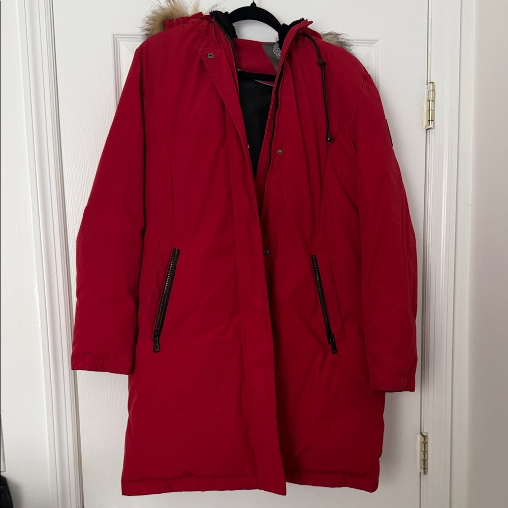 Vince Camuto Red Puffer Jacket with Fur Trim